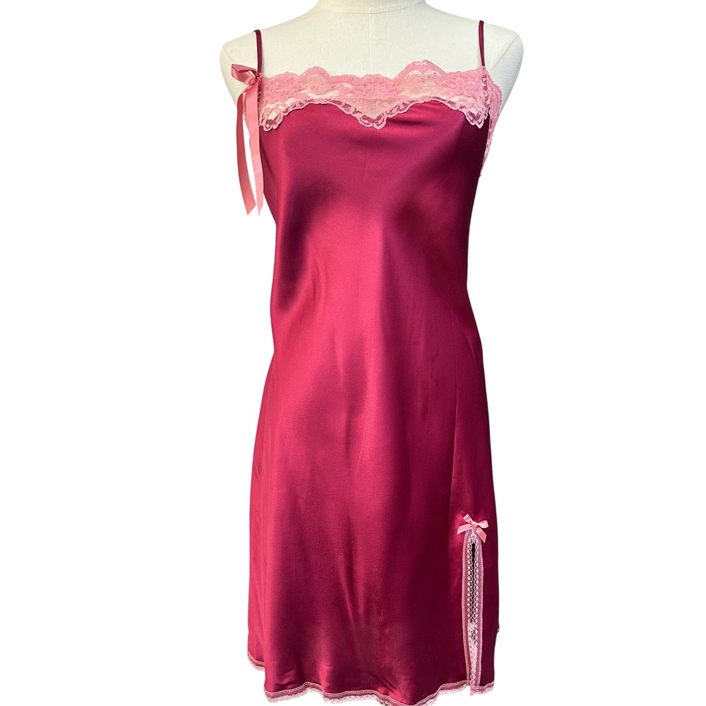 Victoria's Secret Angels Y2K Satin Slip Dress L Pink Lace Bow Lingerie Coquette